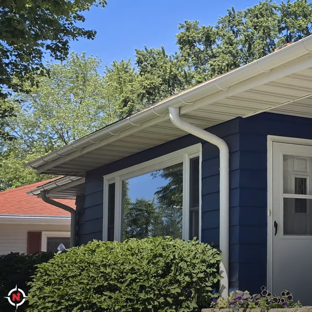 White half-round gutters installed on a blue home in Eau Claire, Wisconsin